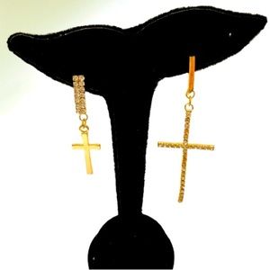 Delicate Divinity Asymmetric Rhinestones crystal Gold Cross Dangling Earrings